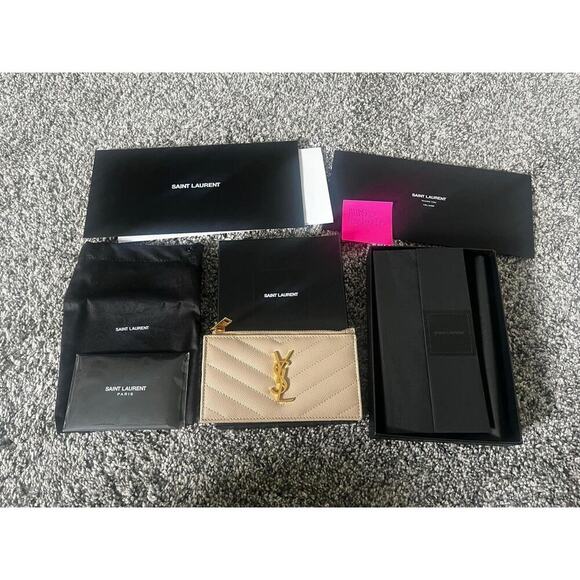 YSL Yves Saint Laurent Cassandre Matelasse Fragments Zipped Card Case Dark Beige - Picture 9 of 14